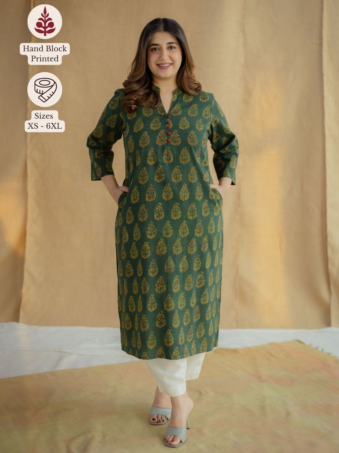

THE INDIAN ETHNIC CO Green Straight Ajrakh Cotton Kurta