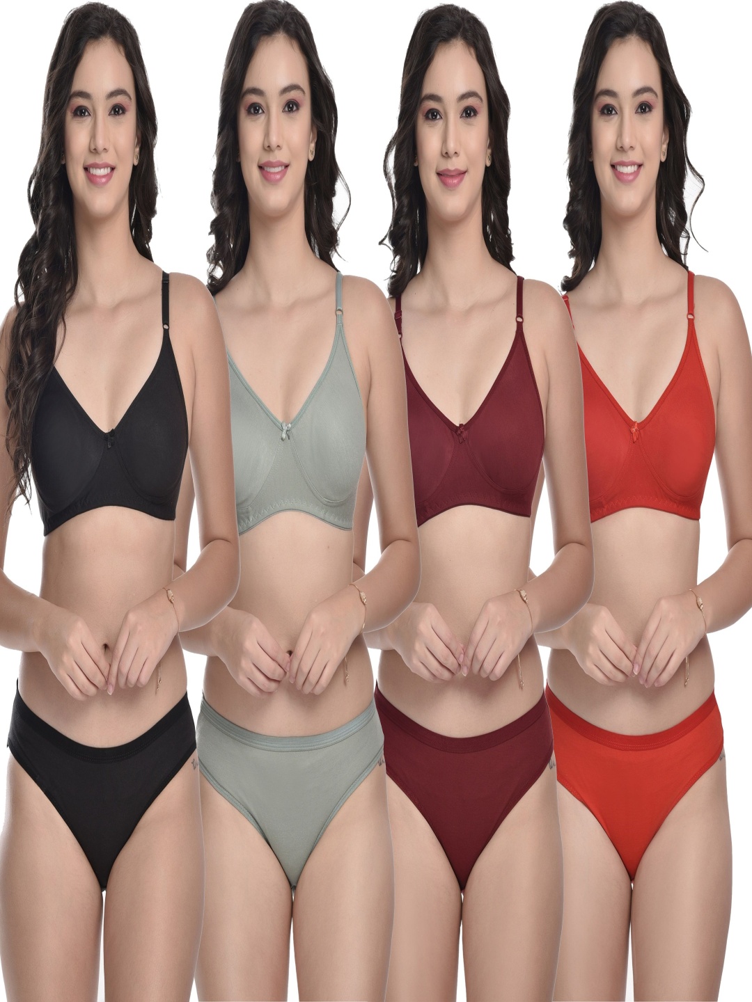 

MiEstilo Pack of 4 Cotton Non-Padded Low-Rise T-Shirt Bras & Hipster Panties, Black