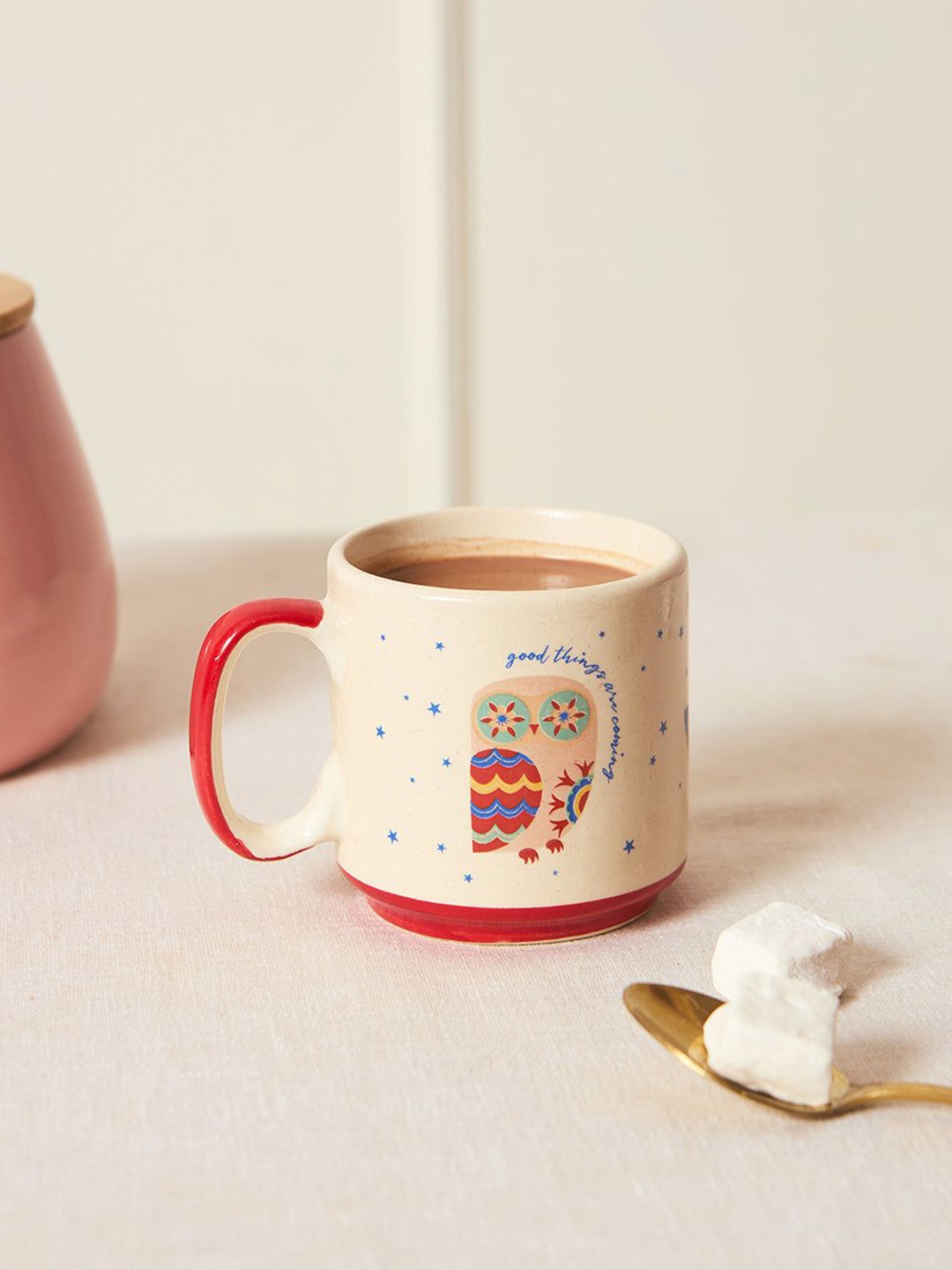 

Chumbak Classic Owl Beige & Red Printed Ceramic Glossy Holiday Hot Chocolate Mug