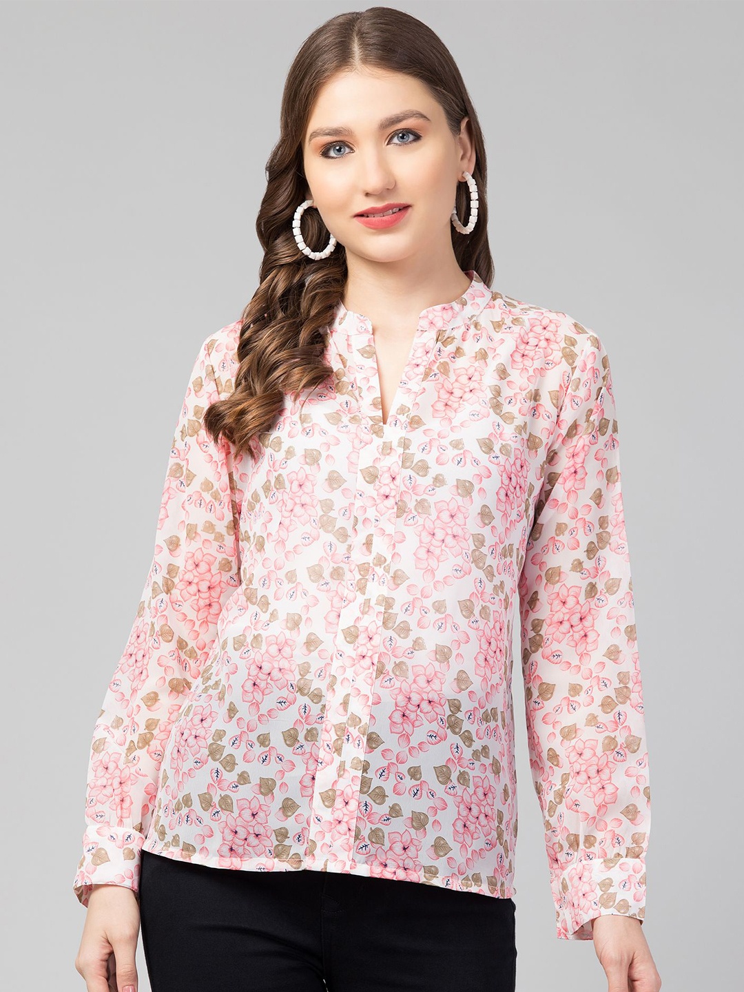 

CULPI Floral Printed Mandarin Collar Georgette Top, White