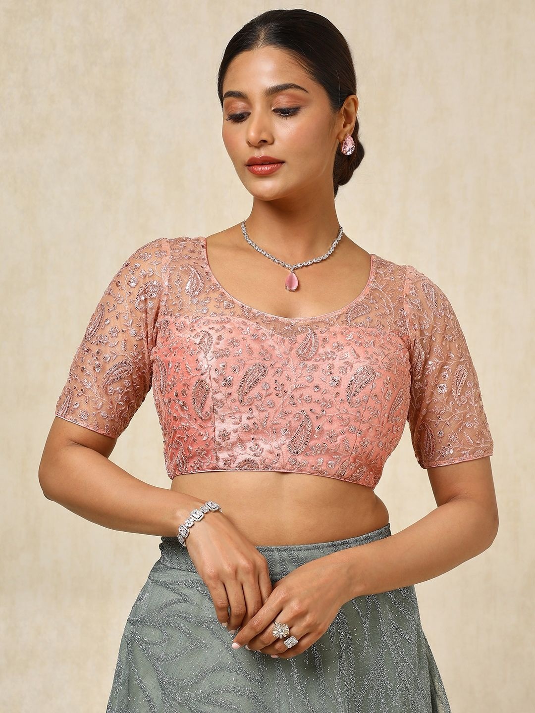

Soch Embroidered Padded Saree Blouse, Peach