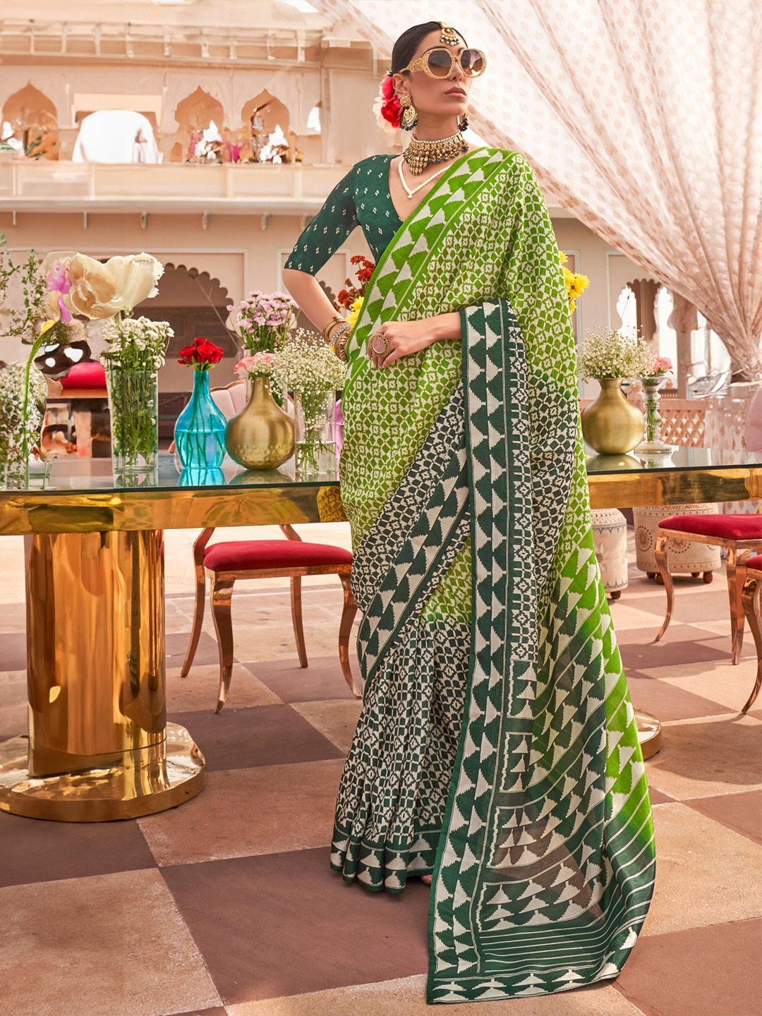 

MySilkLove Geometric Printed Patola Saree, Green