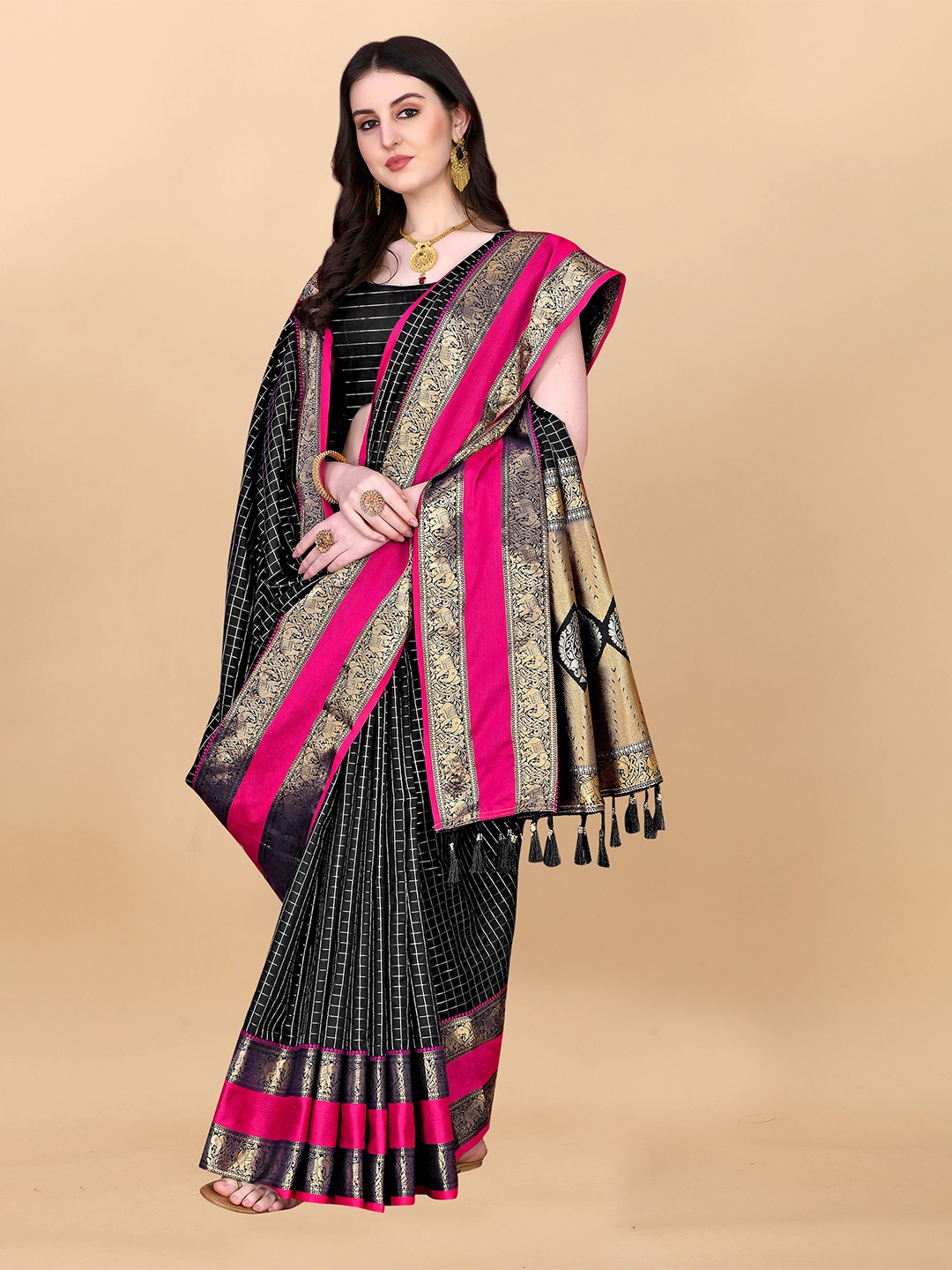 

Upalksh Checked Zari Pure Cotton Banarasi Saree, Black