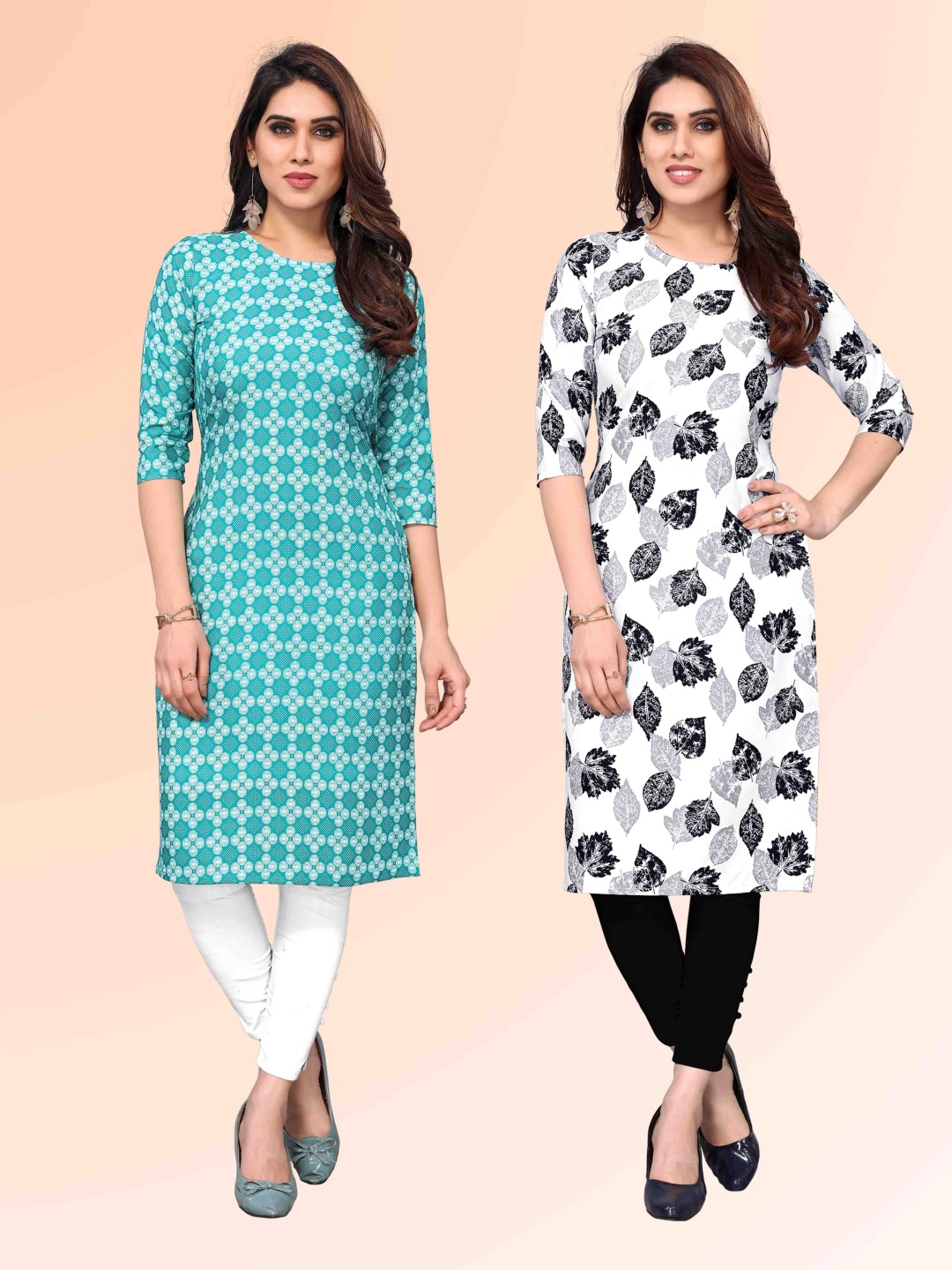 

KETAKI FASHION Selection Of 2 Geometric Printed Round Neck Straight Kurtas, Teal