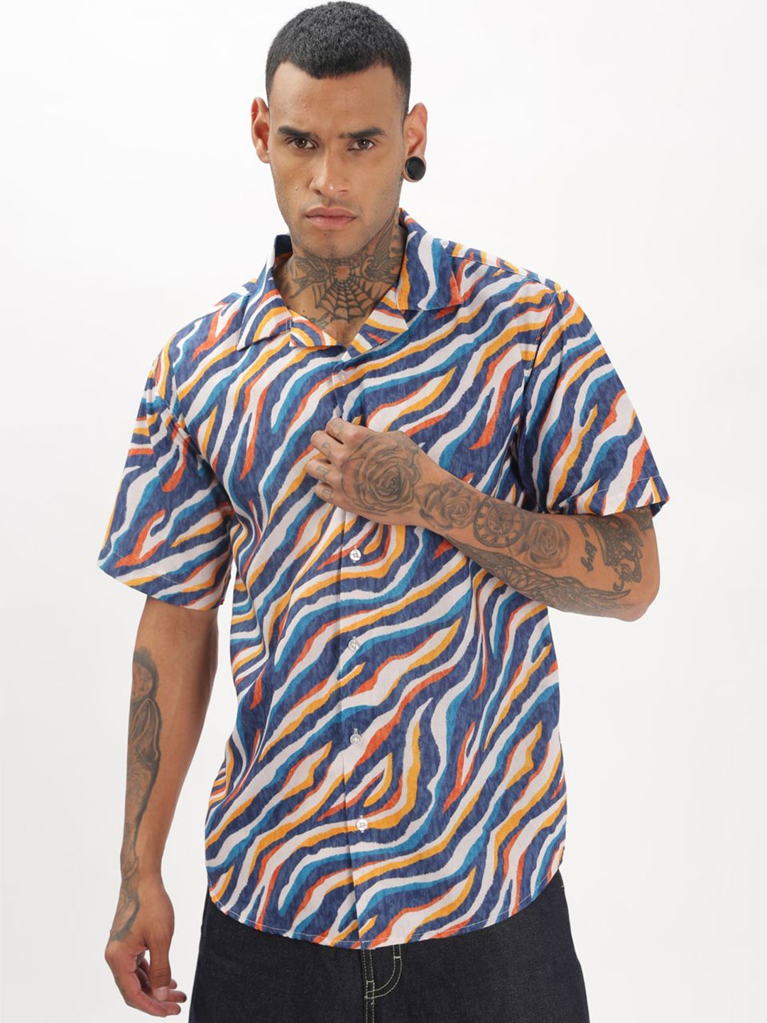 

BUMCHIQ Men Comfort Relaxed Fit Cuban Collar Abstract Printed Cotton Casual Shirt, Navy blue