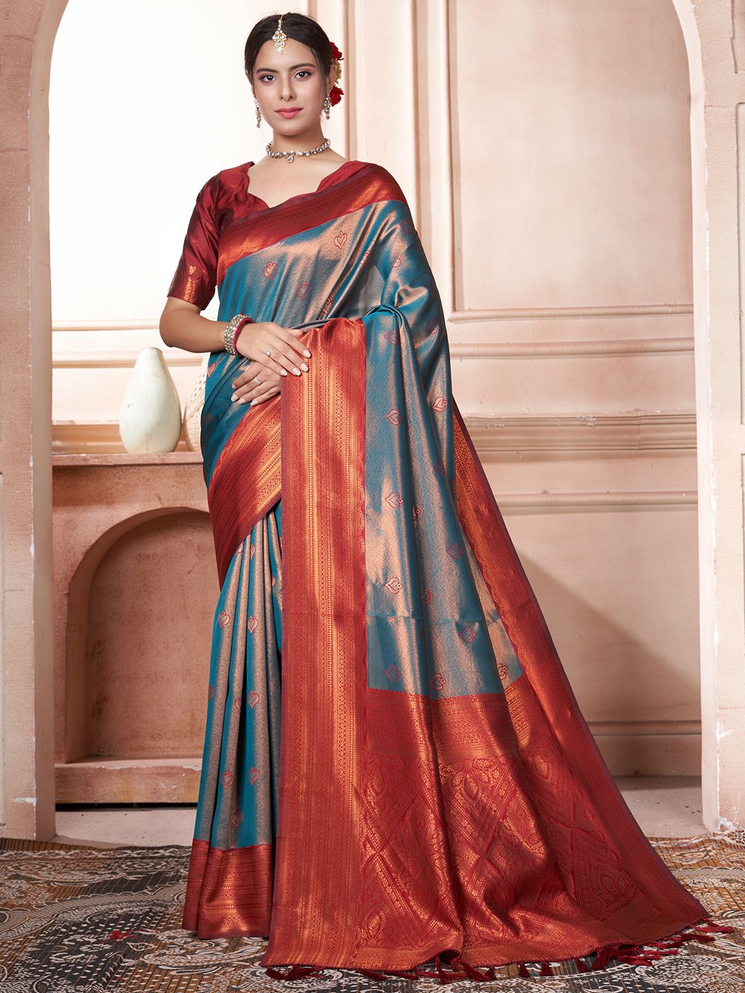 

Mitera Woven Design Zari Designer Kanjeevaram Saree, Teal