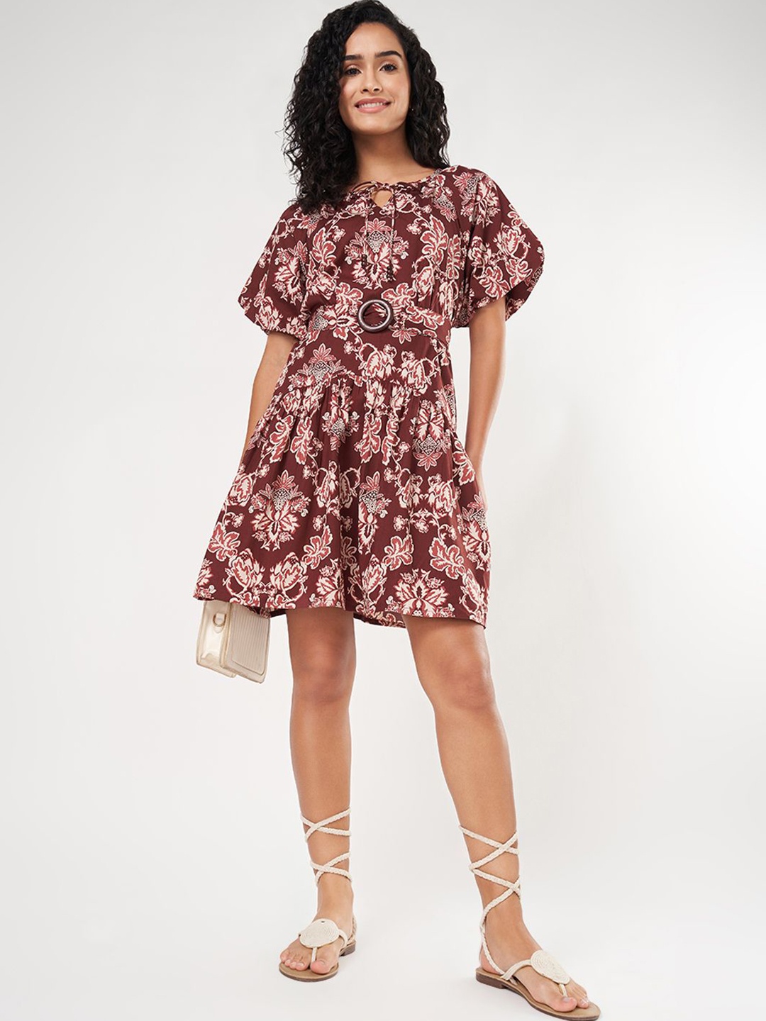 

Honey by Pantaloons Floral Print Flared Sleeve Fit & Flare Dress, Brown