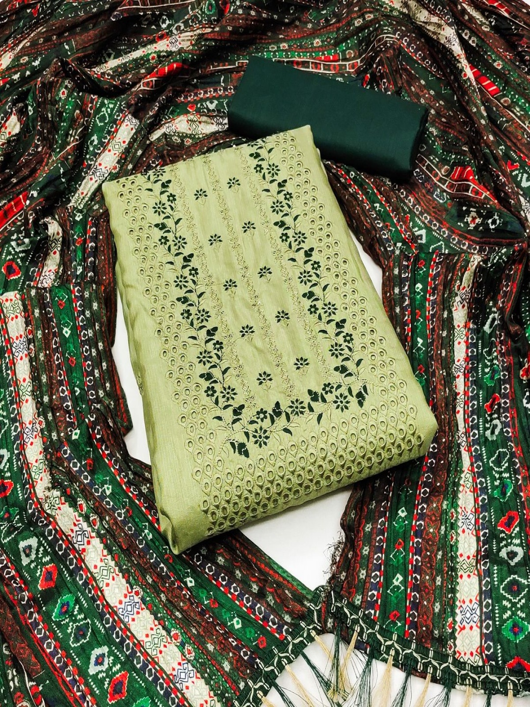

A TO Z CART Floral Embroidered Pure Silk Unstitched Dress Material, Lime green