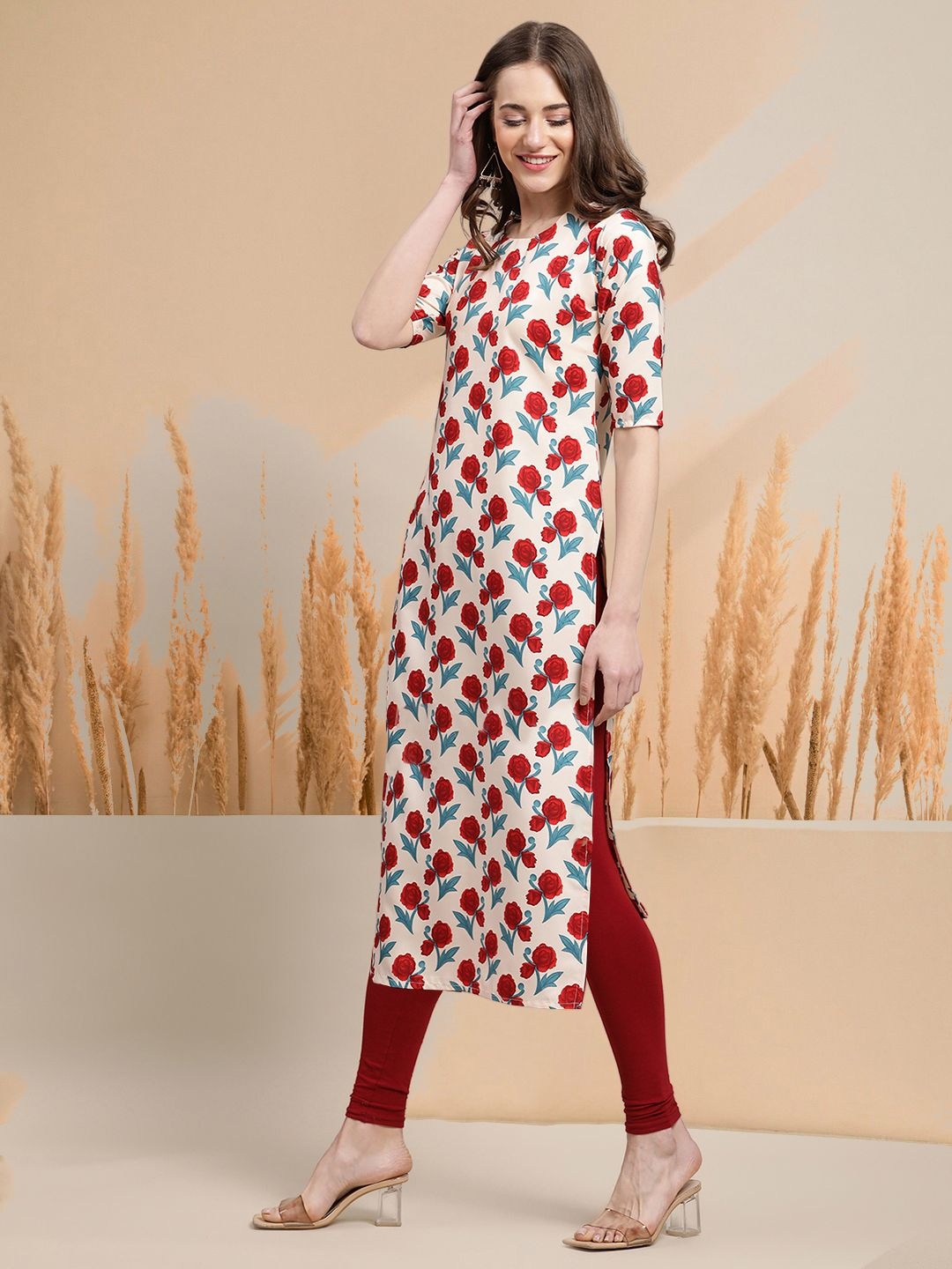 

7Threads Selection Of 2 Floral Printed Round Neck Straight Kurtas, White