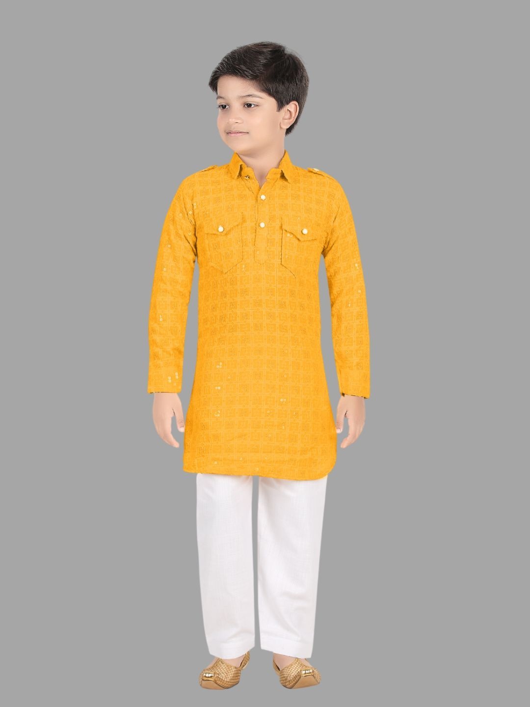 

BAESD Boys Geometric Printed Sequinned Straight Kurta With Pyjamas, Mustard