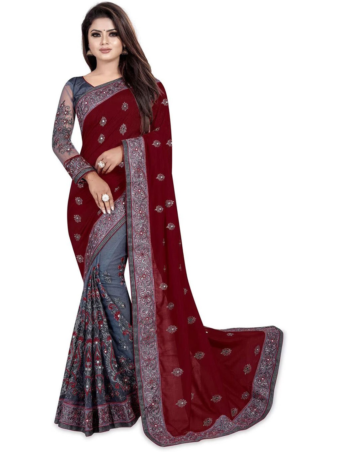 

Aika Ethnic Motifs Embroidered Pure Silk Banarasi Saree, Maroon