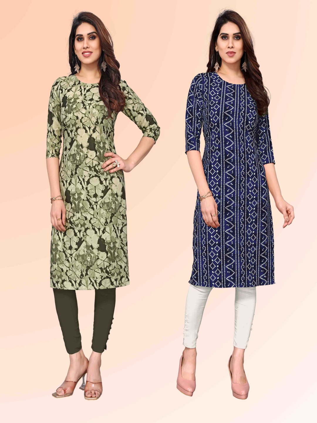 

KETAKI FASHION Selection Of 2 Abstract Printed Round Neck Straight Kurtas, Green