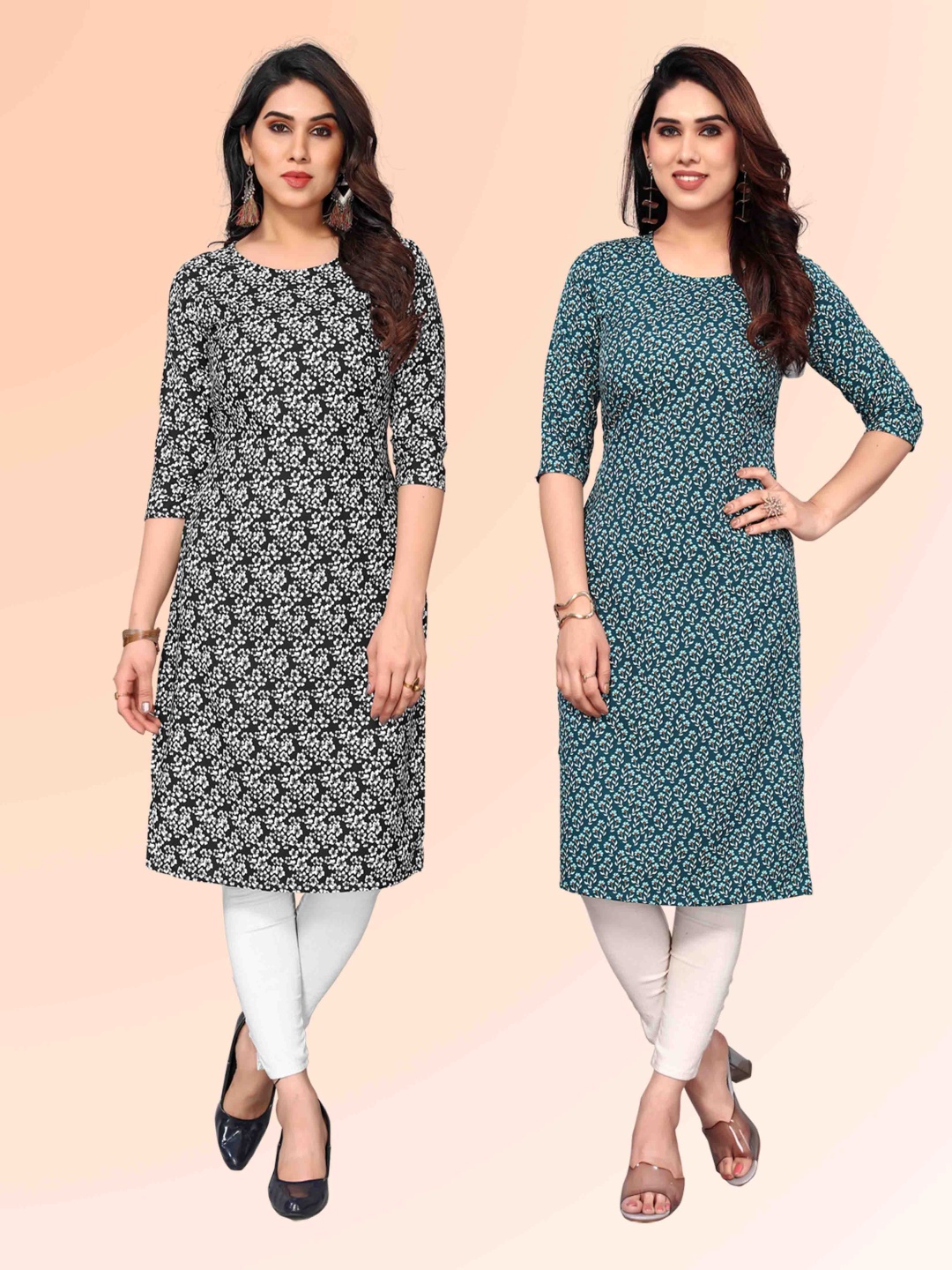 

KETAKI FASHION Selelction Of 2 Floral Printed Round Neck Straight Kurtas, Green