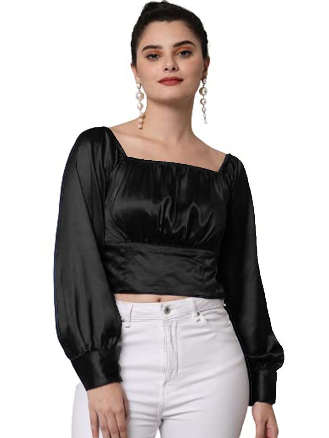 

CULPI Women Puff Sleeve Crop Fitted Top, Black