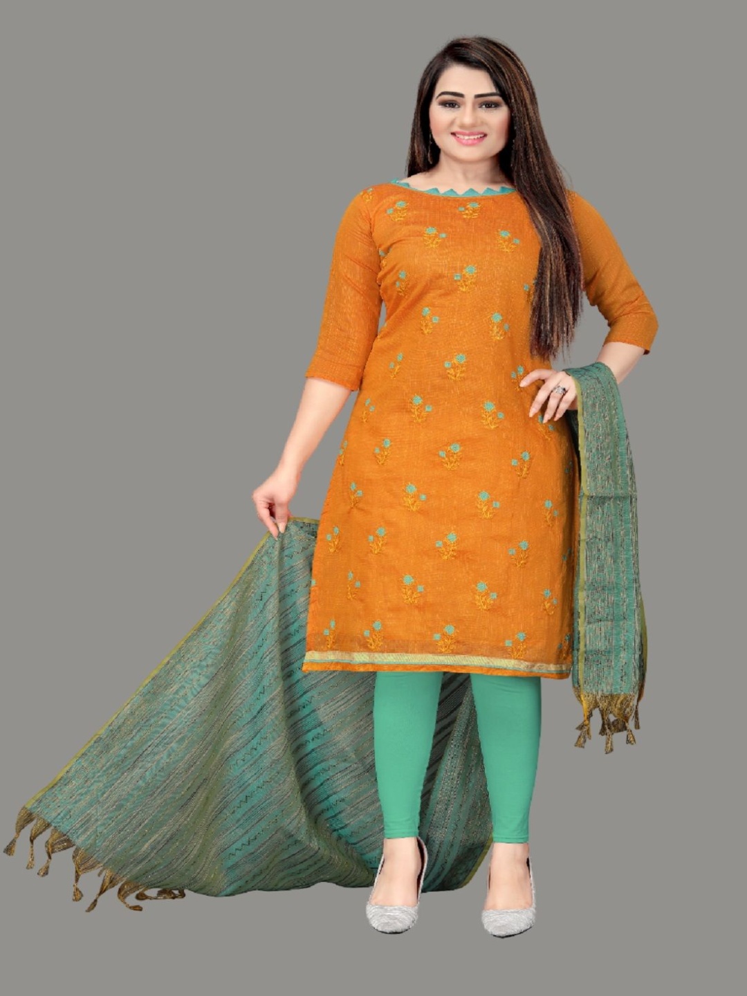 

A TO Z CART Floral Printed Unstitched Dress Material, Orange