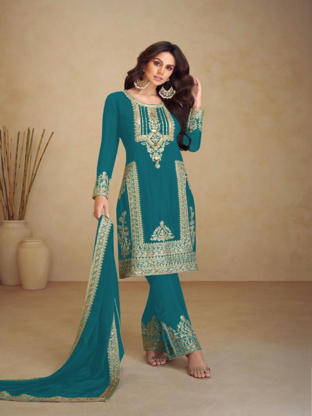 

ZIBLON Ethnic Motifs Embroidered Sequinned Straight Kurta with Palazzos & Dupatta, Teal