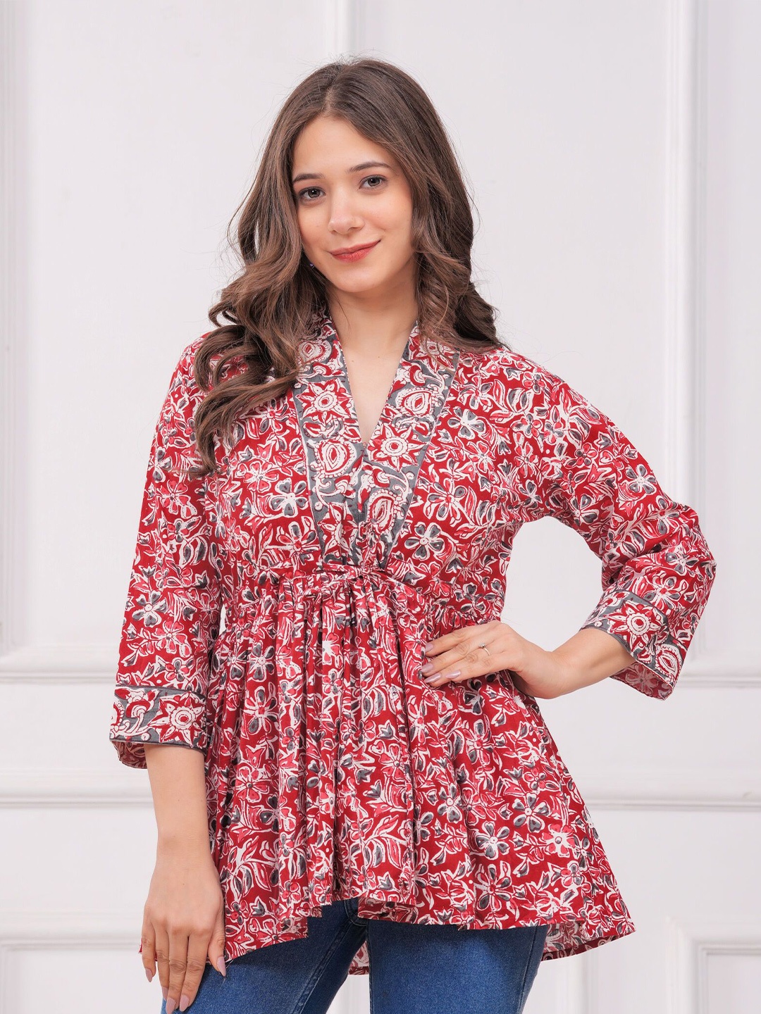 

SITA FASHION HUB Floral Printed V-Neck Pure Cotton Anarkali Kurti, Red