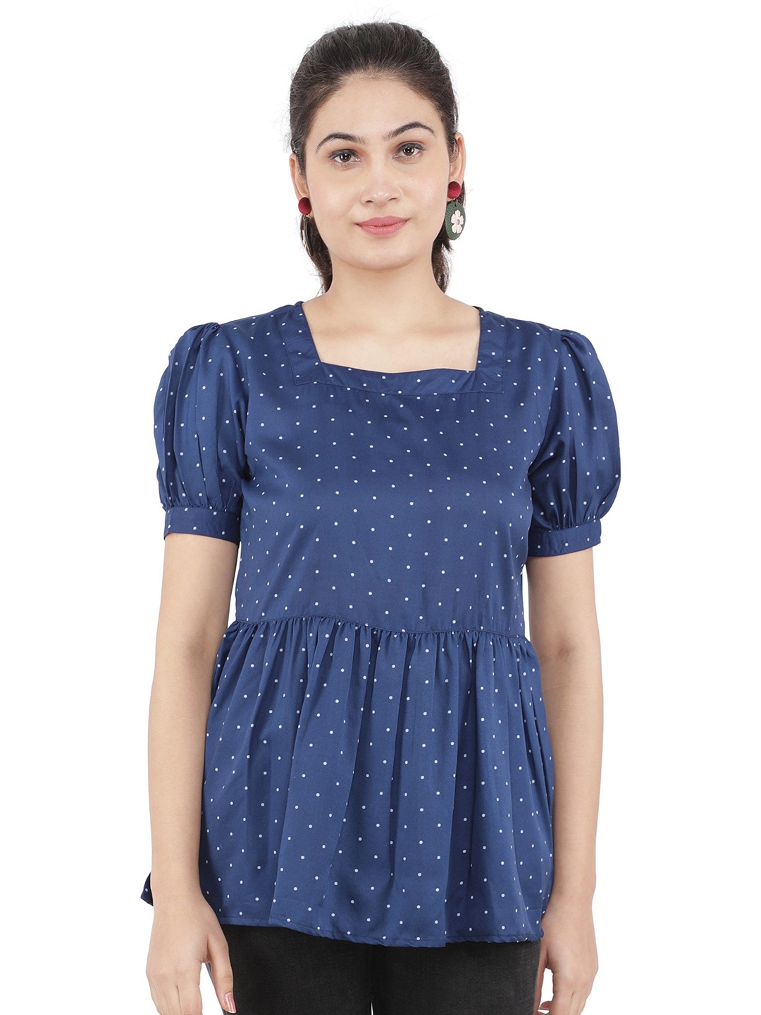 

CULPI Women Polka Dot Printed Puff Sleeve Peplum Top, Blue