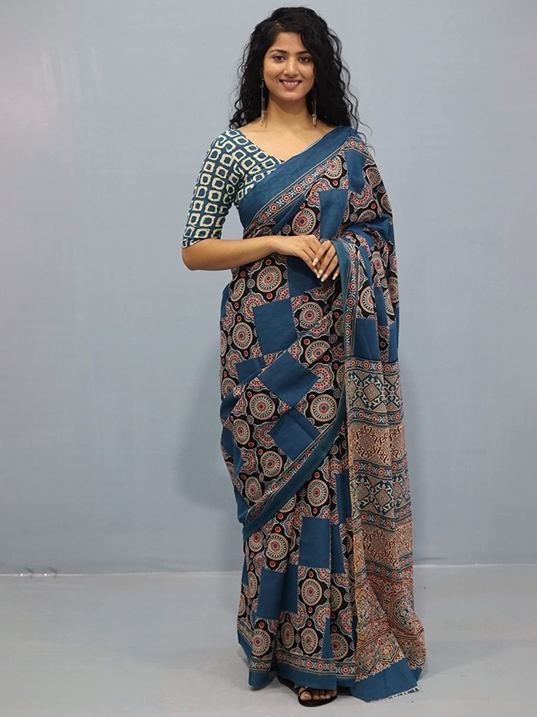 

Craft Musium Floral Pure Cotton Bagru Saree, Blue