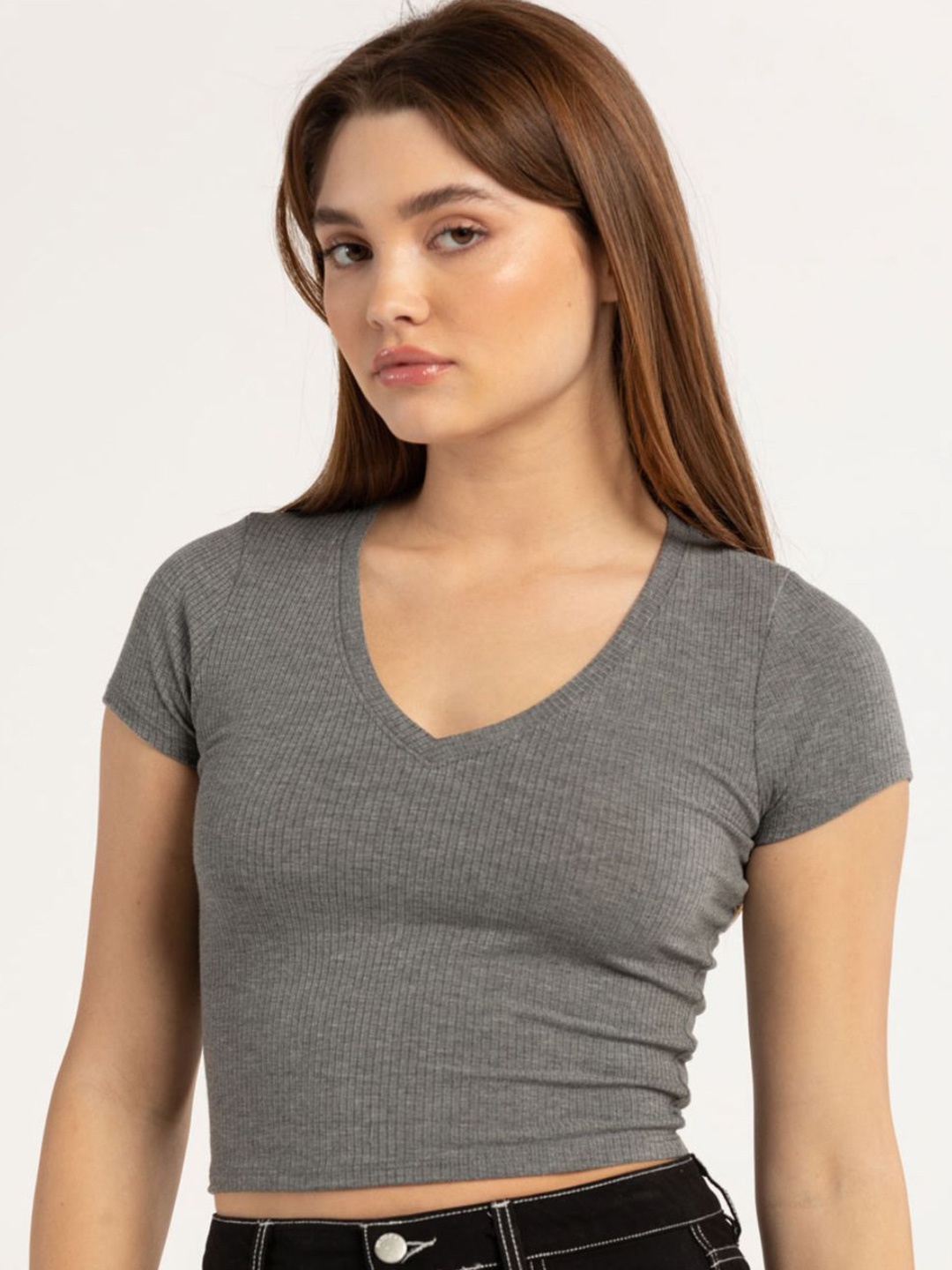 

sollobell Women V-Neck Cotton Fitted Crop Top, Grey