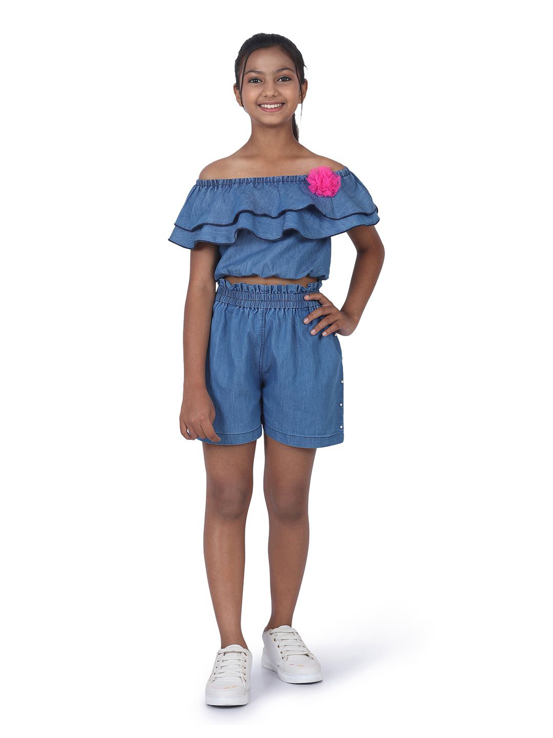 

SILK SPARROW Girls Off-Shoulder Pure Cotton Top With Shorts, Blue