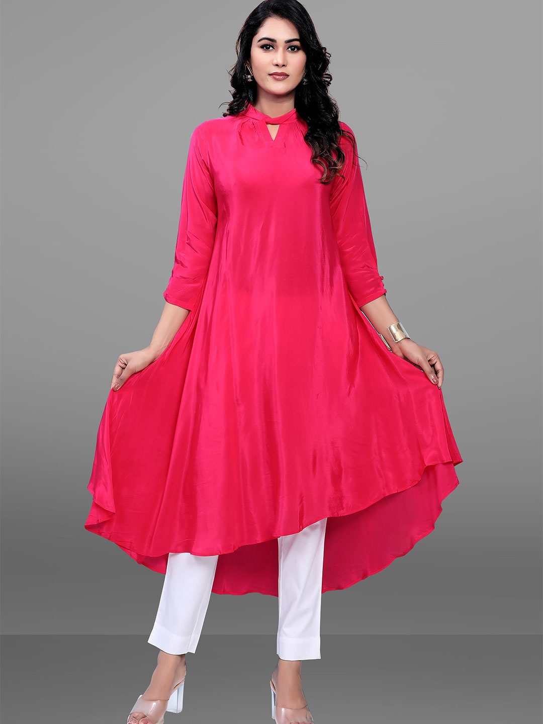 

BABRU Mandarin Collar A-Line Kurta, Pink