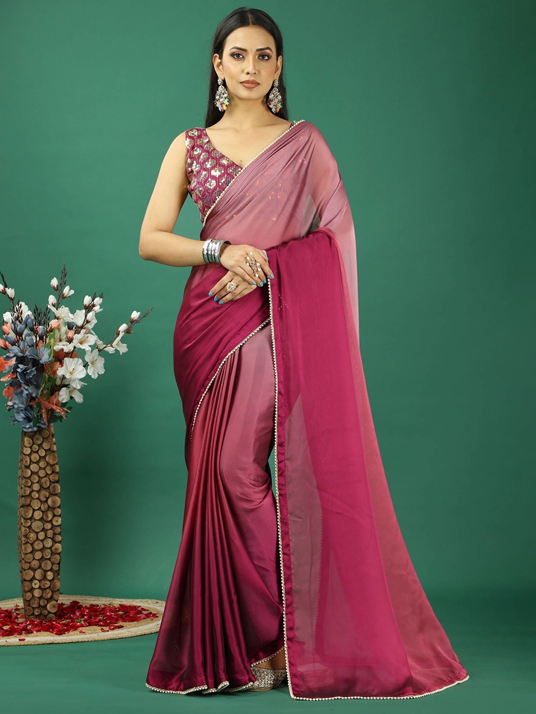 

HI FI NX Ombre Beads and Stones Satin Banarasi Saree, Pink