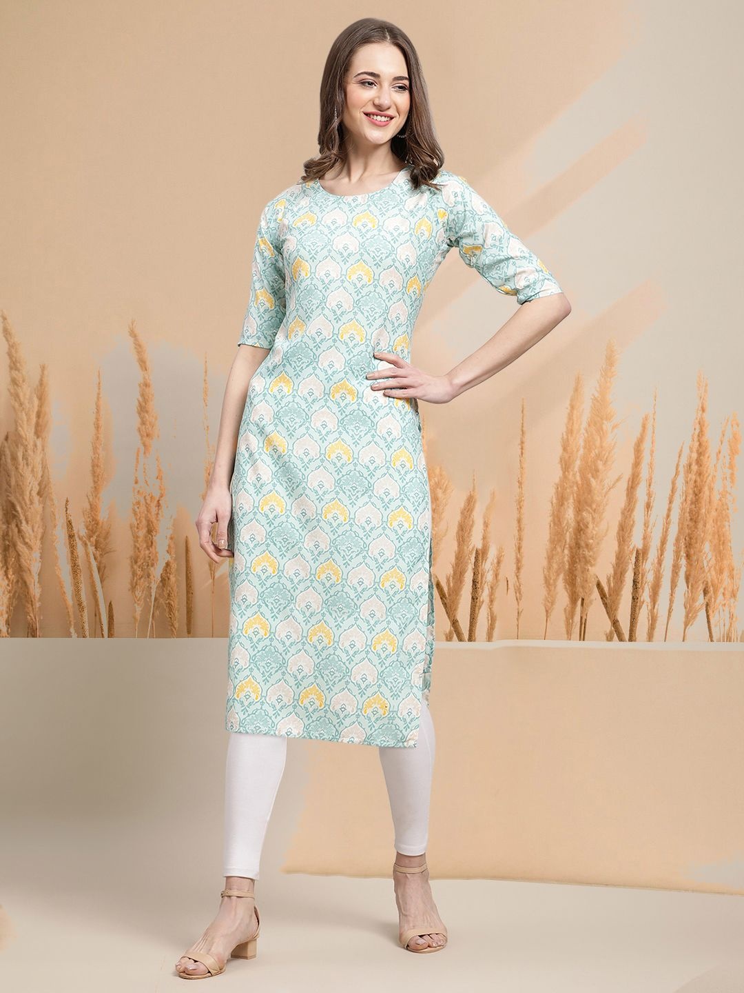 

7Threads Selection Of 2 Ethnic Motifs Printed Round Neck Straight Kurta With Trousers, Blue