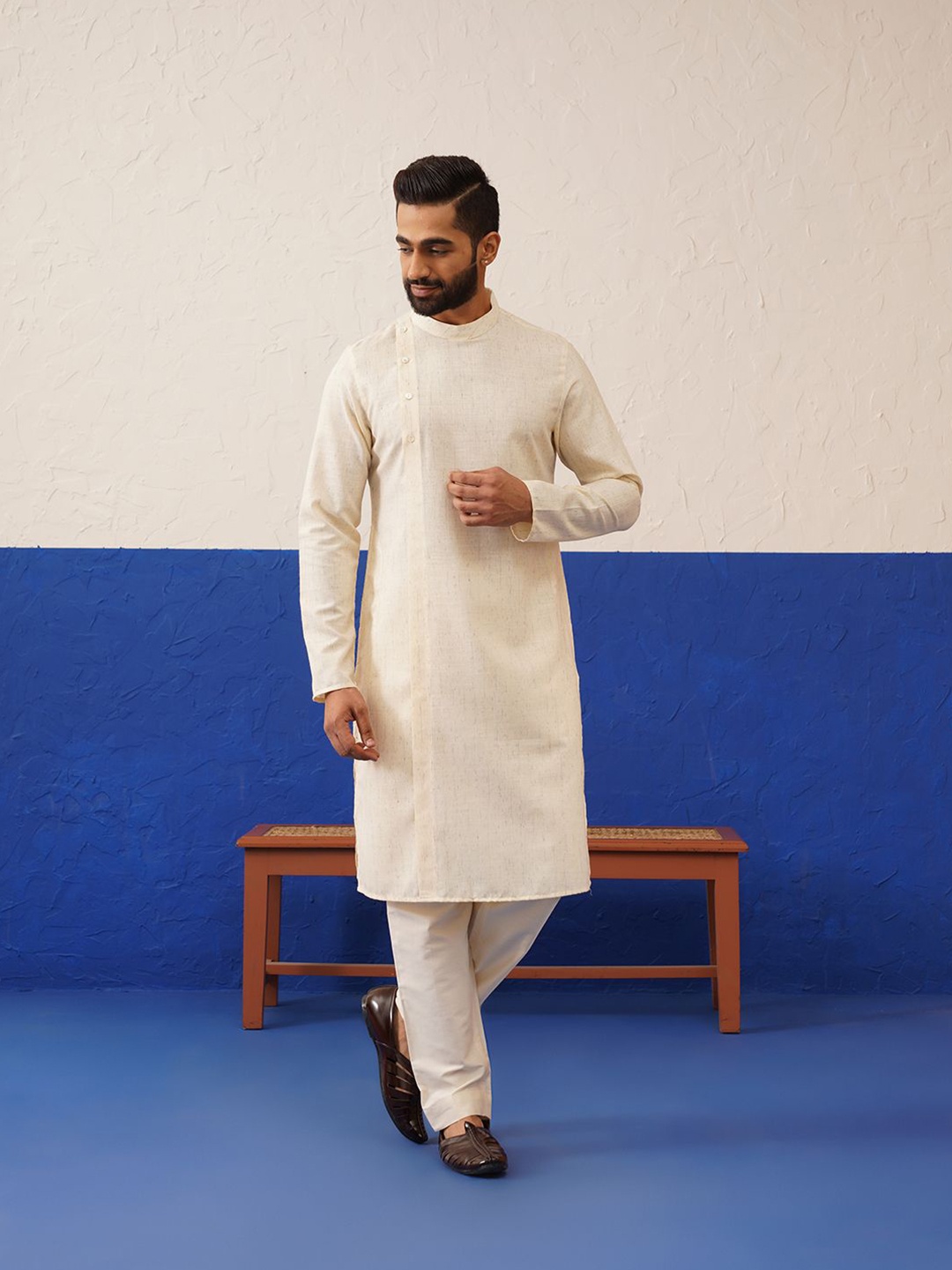 

TheEthnic.Co Band Collar Cotton Straight Kurta, Cream