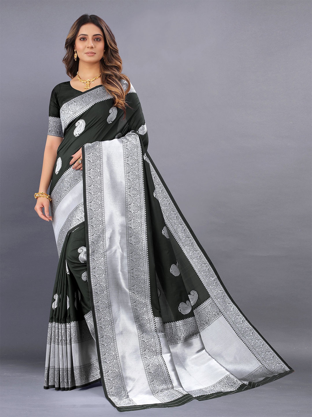 

Upalksh Ethnic Motifs Woven Design Zari Kanjeevaram Saree, Black