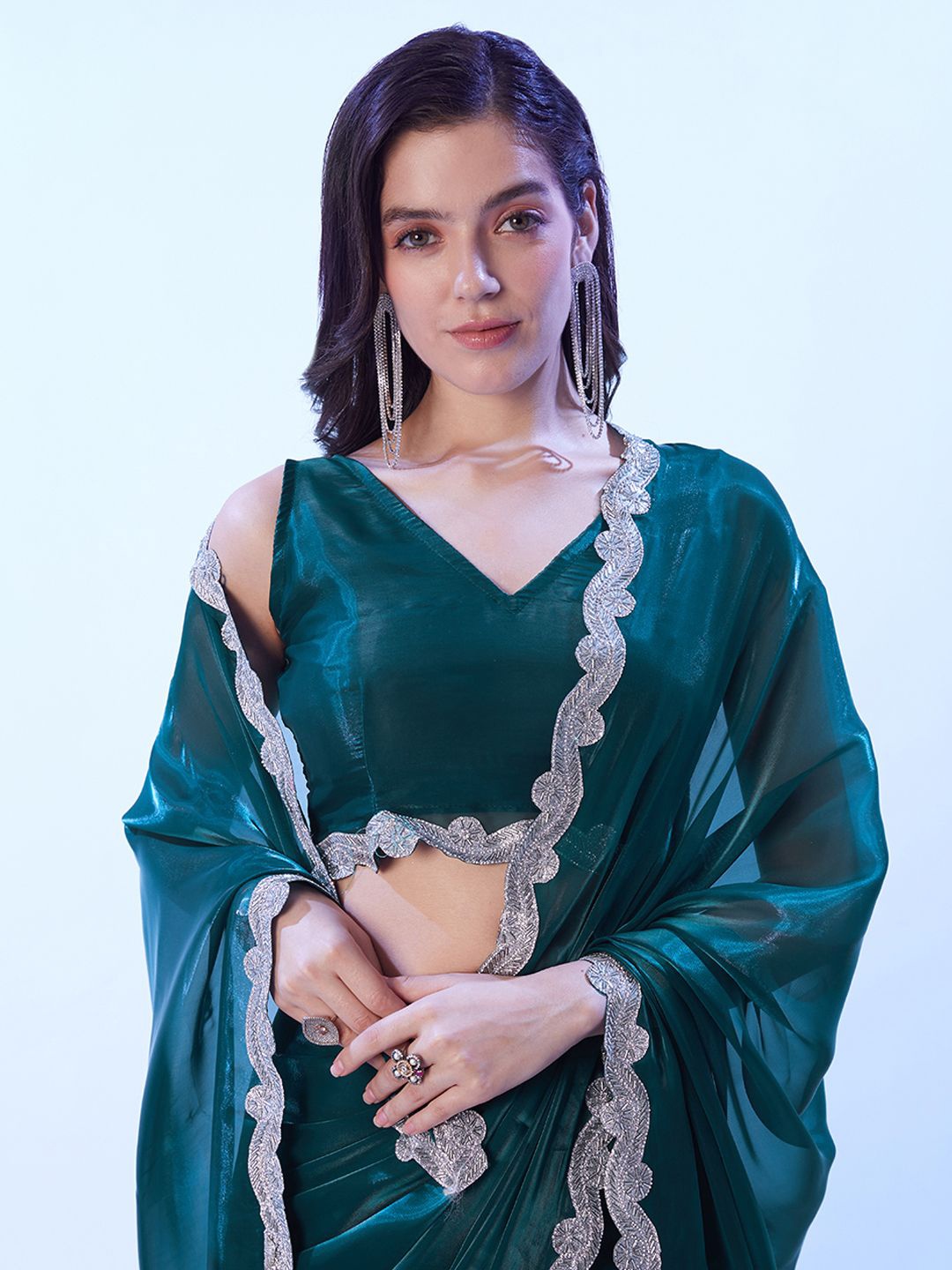 

Kalista Beads and Stones Organza Saree, Teal