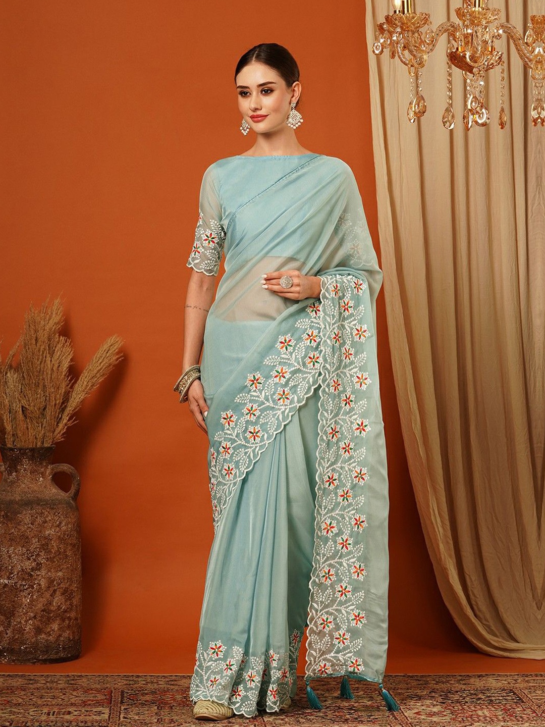 

WINKLECART Embroidered Pure Silk Saree, Turquoise blue