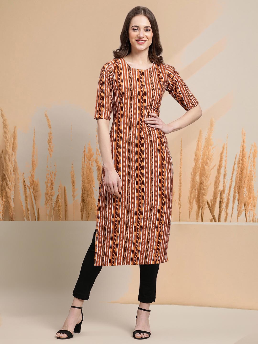 

7Threads Selection of 6 Geometric Printed Round Neck Straight Kurtas, Brown