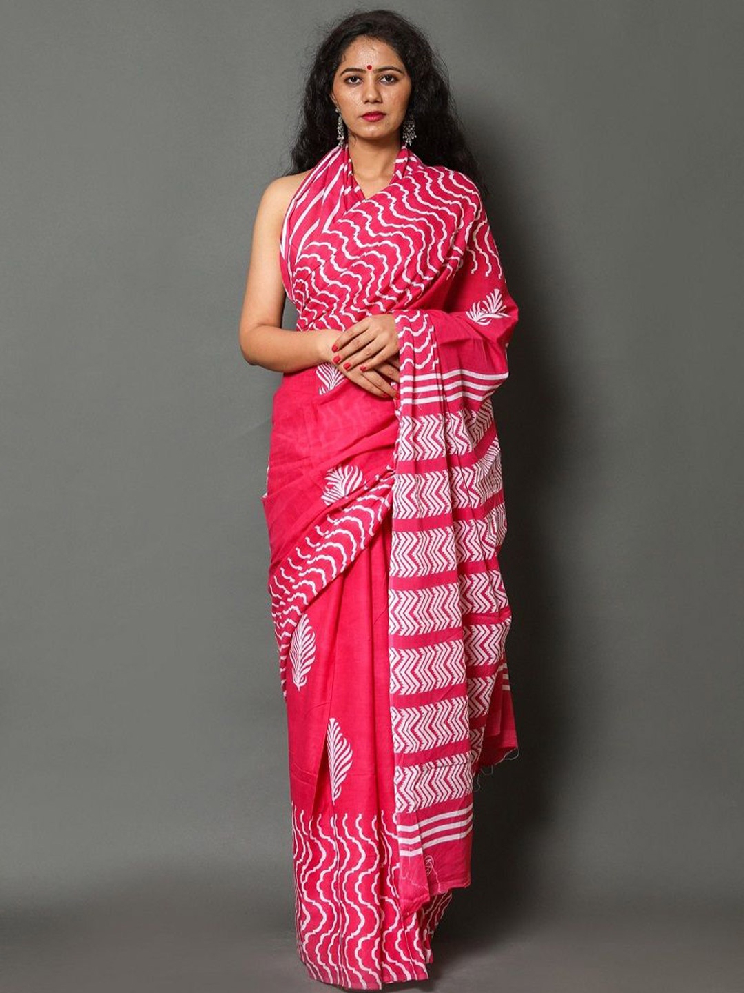 

Craft Musium Floral Pure Cotton Bagru Saree, Pink