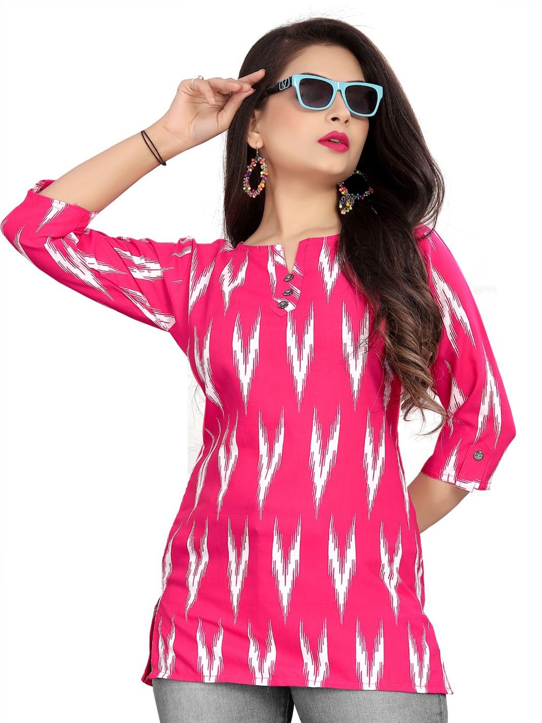 

LIZUL Chevron Printed Round Neck Cotton Top, Pink