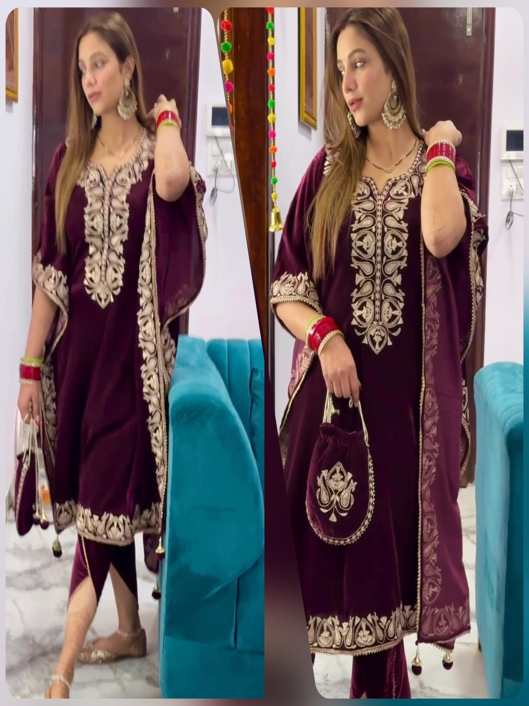 

ZIBLON Ethnic Motifs Embroidered Velvet Kaftan With Dhoti Pants And Potli Bag, Maroon