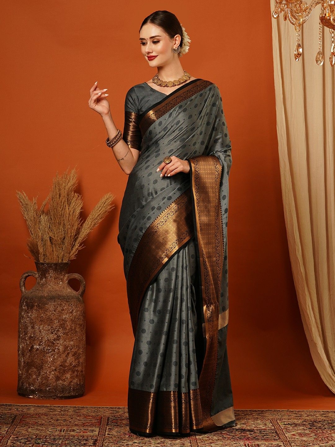 

WINKLECART Ethnic Motifs Zari Pure Silk Banarasi Saree, Grey