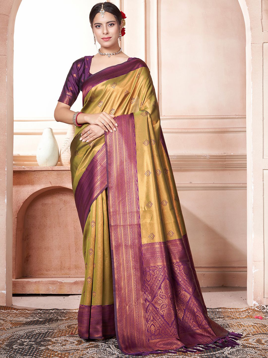 

Mitera Woven Design Zari Kanjeevaram Saree, Mustard