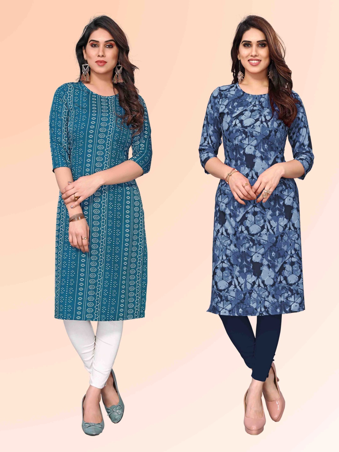 

KETAKI FASHION Selection Of 2 Bandhani Printed Round Neck Straight Kurtas, Blue