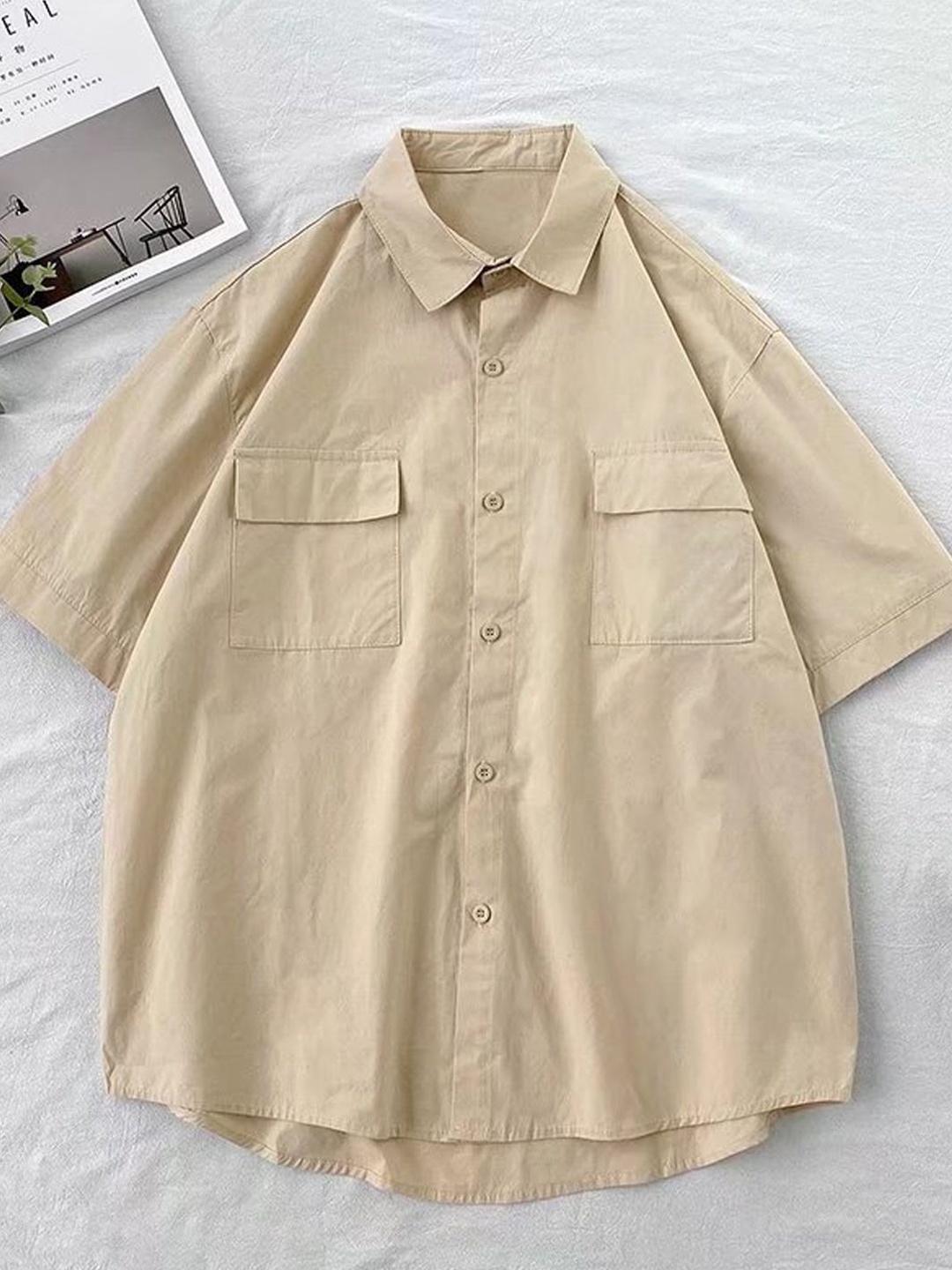 

StyleCast Men Spread Collar Solid Casual Shirt, Khaki