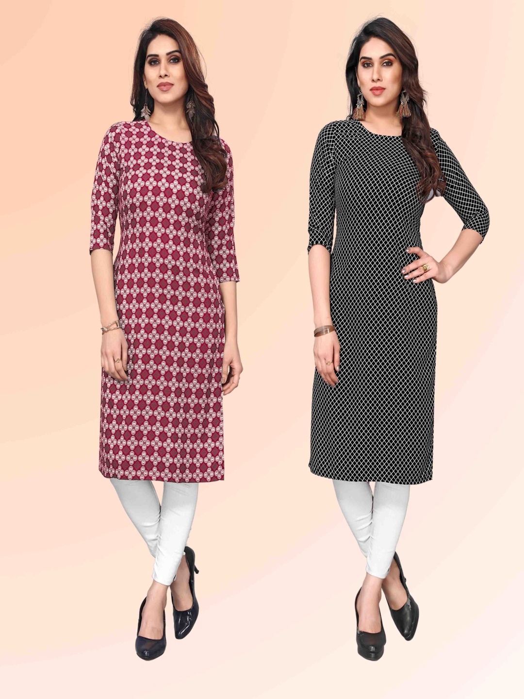 

KETAKI FASHION Selelction Of 2 Checked Round Neck Straight Kurtas, Black