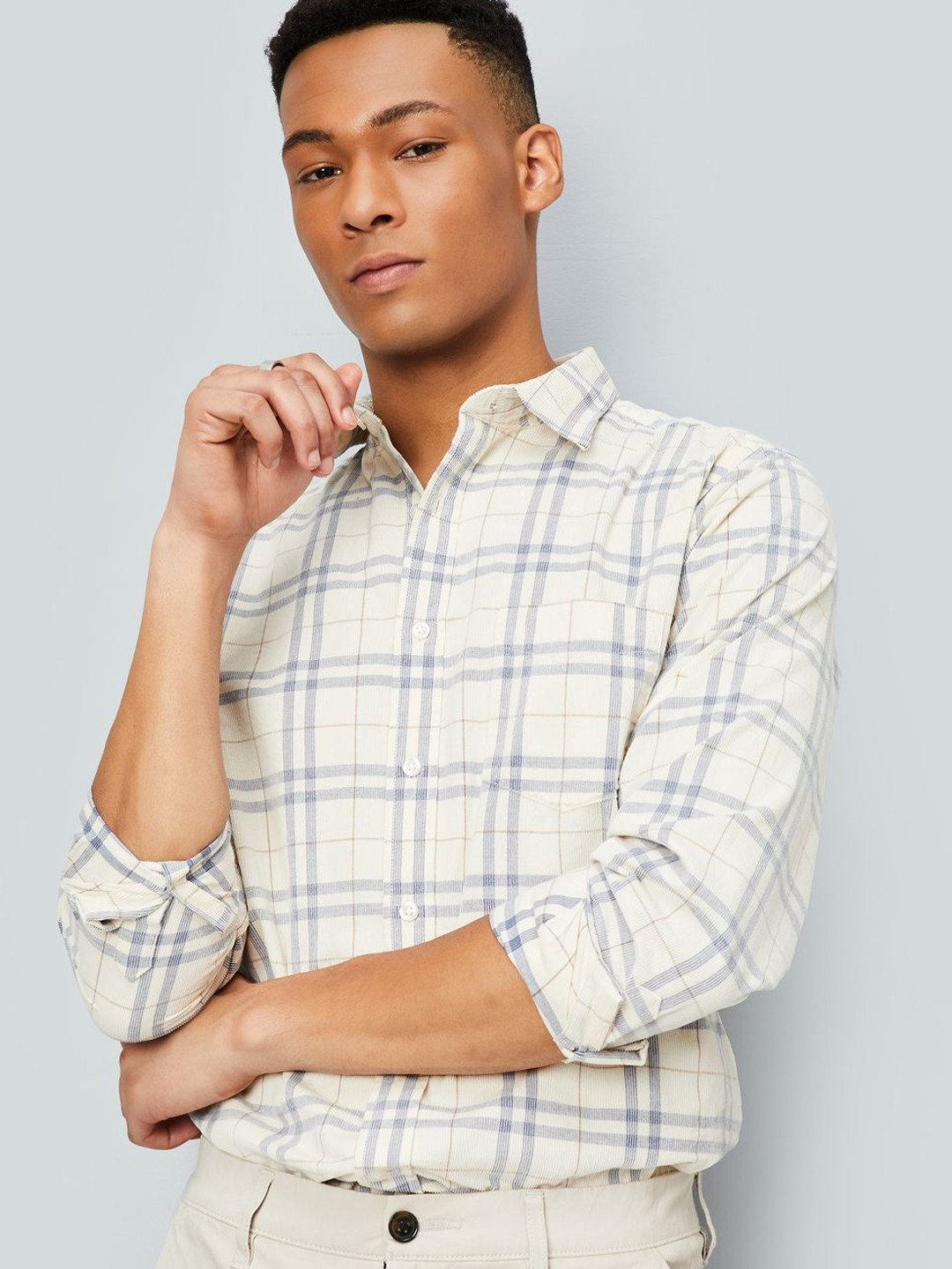 

max Men Spread Collar Tartan Checked Cotton Casual Shirt, Cream