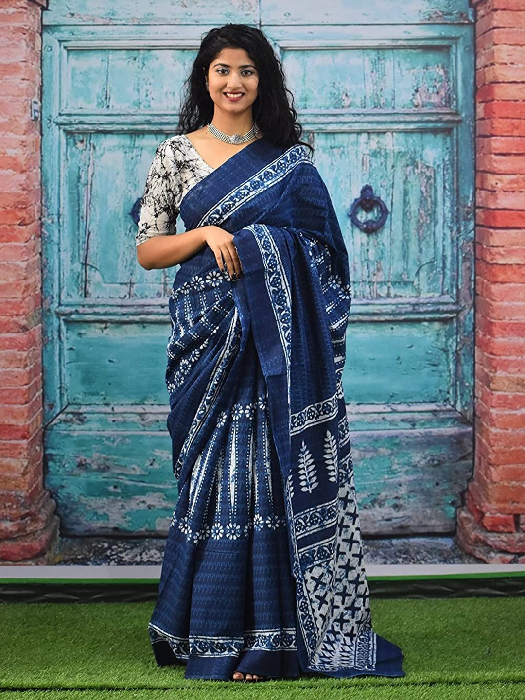 

Craft Musium Ethnic Motifs Pure Cotton Bagru Saree, Blue