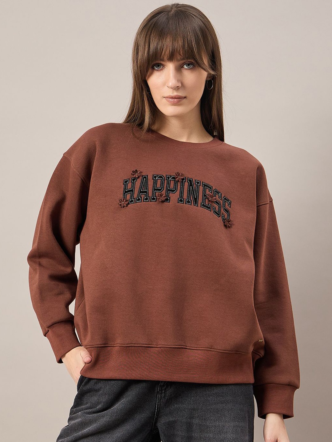 

FEMEA Women Embroidered Sweatshirt, Brown
