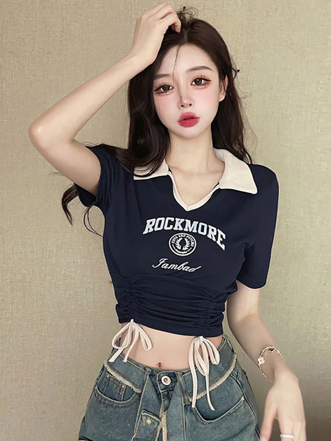

StyleCast x Revolte Women Typography Printed Shirt Style Crop Top, Blue