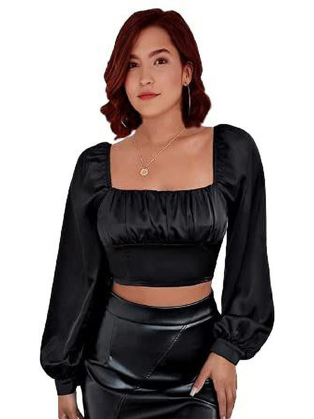 

CULPI Women Square Neck Bishop Sleeves Crop Top, Black