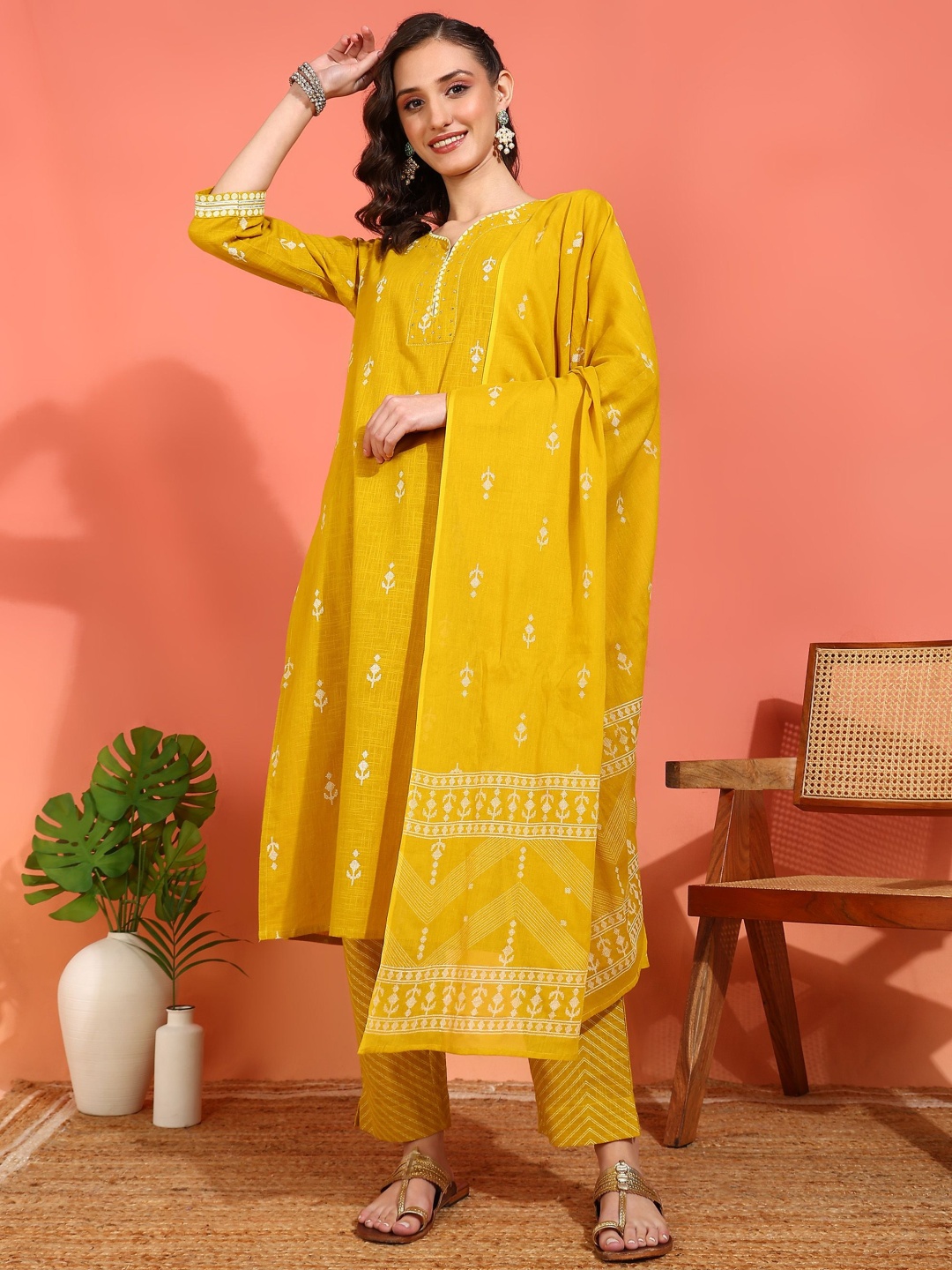 

YASH GALLERY Ethnic Motifs Notch Neck Sequinned Straight Kurta With Trouser And Dupatta, Mustard