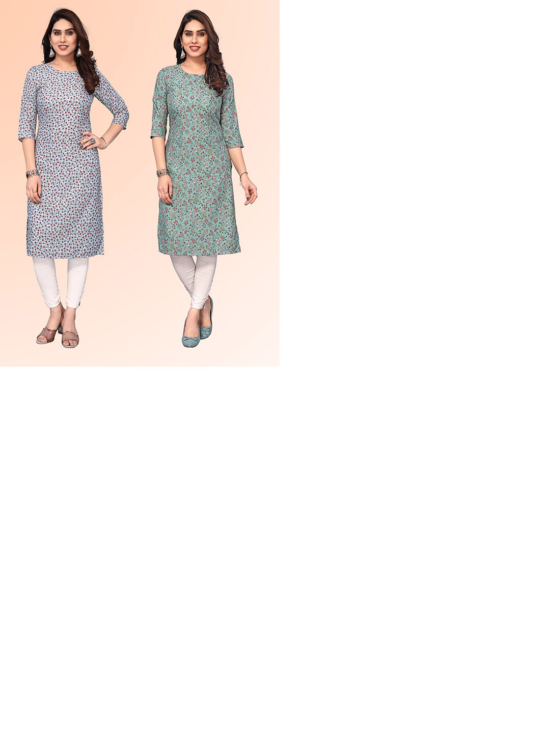 

KETAKI FASHION Selection Of 2 Floral Printed Round Neck Straight Kurtas, Blue