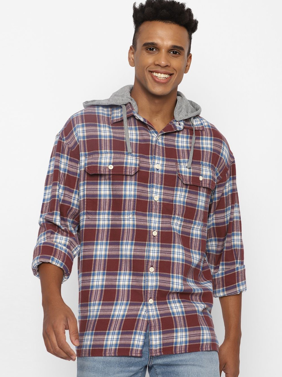 

AMERICAN EAGLE OUTFITTERS Men Hood Tartan Checked Cotton Casual Shirt, Maroon