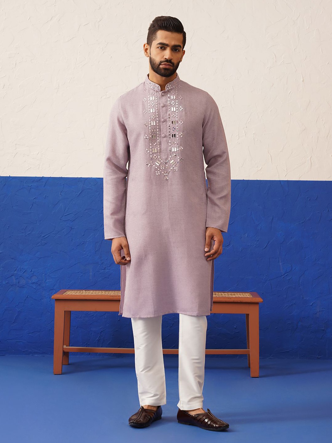 

TheEthnic.Co Geometric Yoke Design Mirror Work Mandarin Collar Straight Kurta, Peach